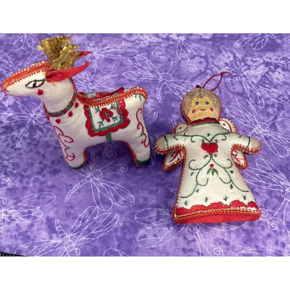 Embroidered Satin Fabric Angel Reindeer Christmas Holiday Ornaments Vintage